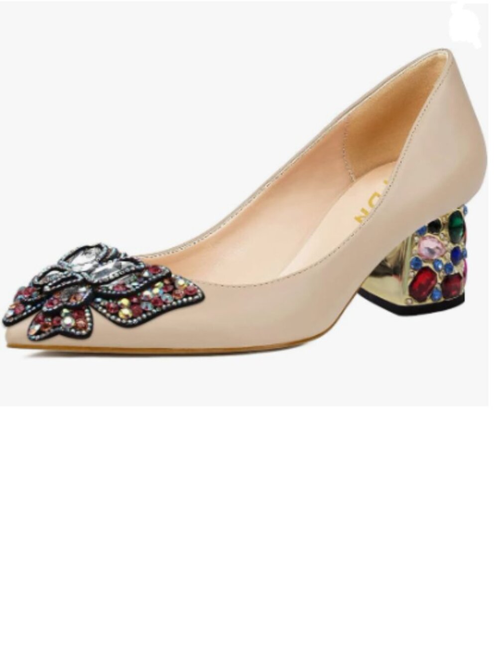YDN Apricot Pointed Toe Bow Colorful Rhinestone Block Low Heel Butterfly Pumps